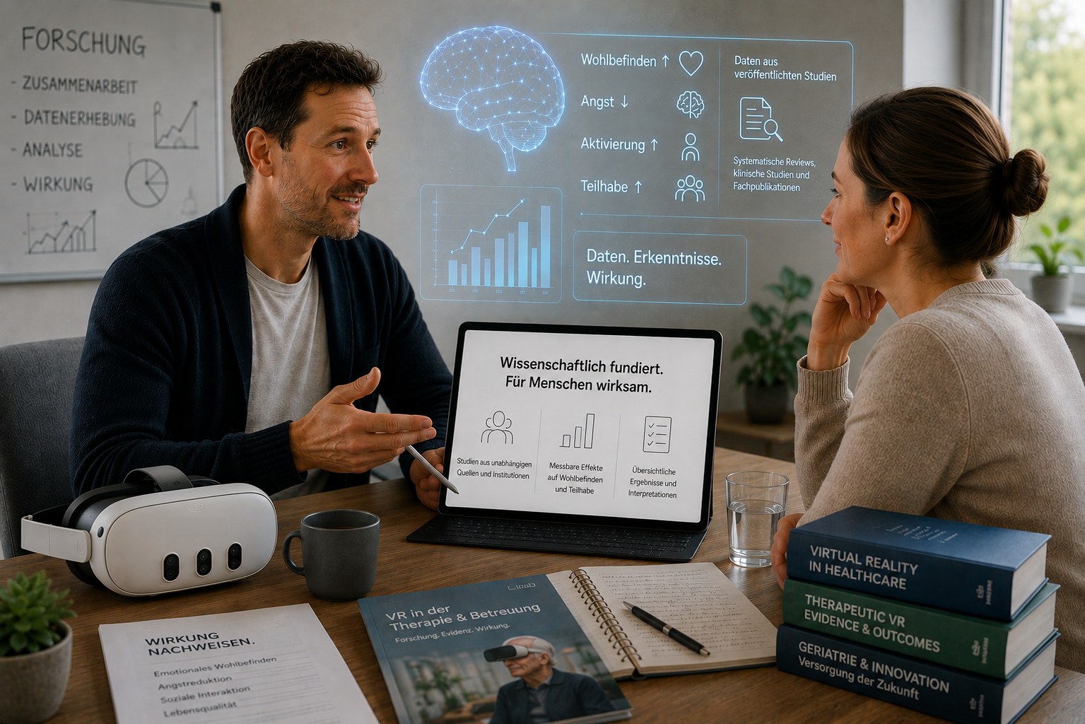 Due persone discutono al computer portatile dati scientifici e letteratura specialistica sulla realtà virtuale in ambito di cura e terapia.