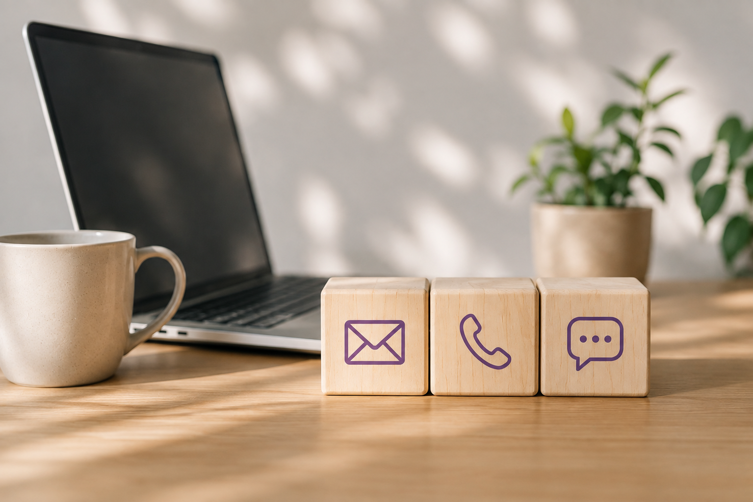 Cubes en bois avec des symboles pour e-mail, téléphone et chat à côté d'un ordinateur portable sur un bureau.