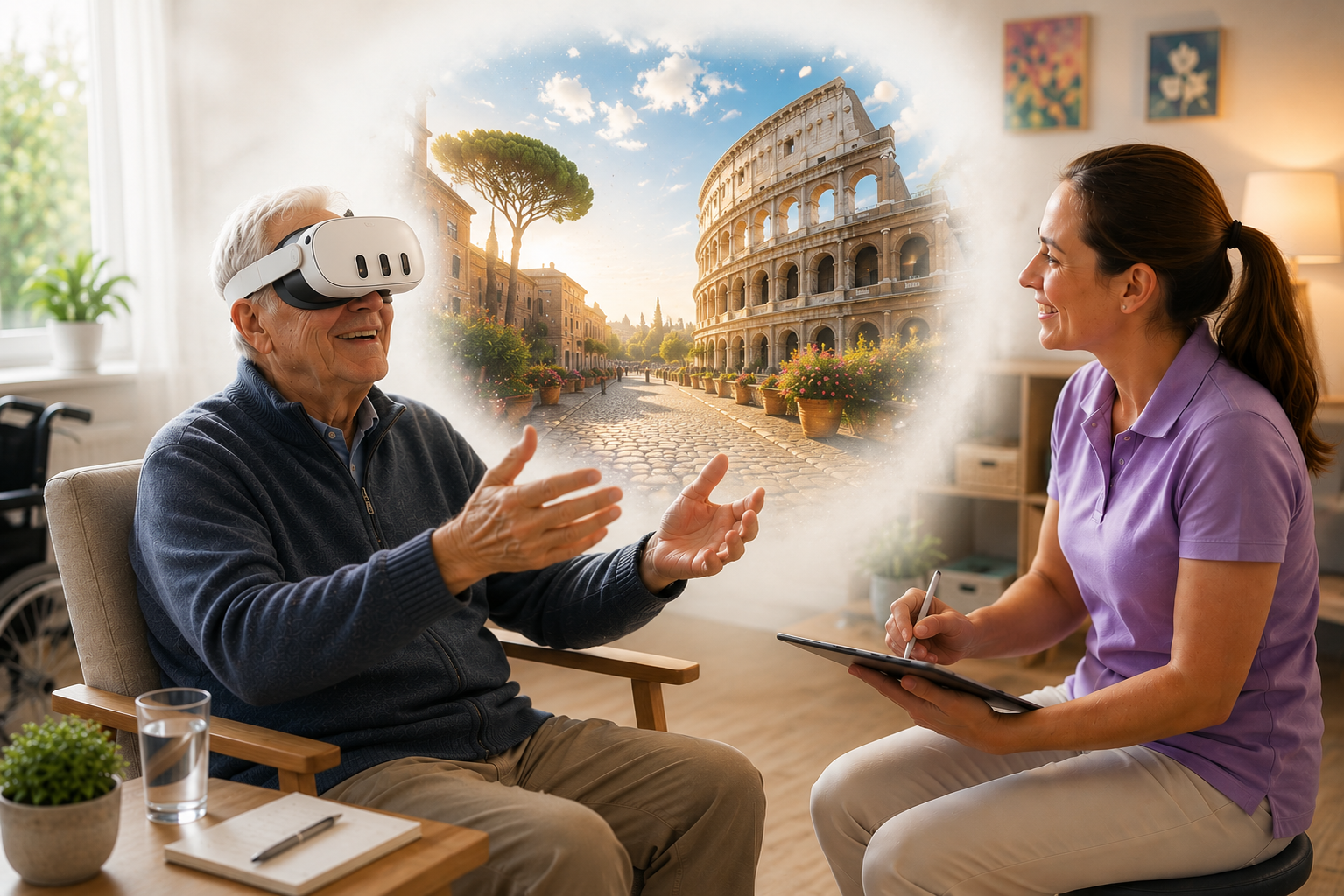 Un homme âgé avec un casque VR tend en souriant les mains vers une scène-souvenir flottante représentant une rue historique, une personne encadrante assise en face prend des notes sur une tablette.