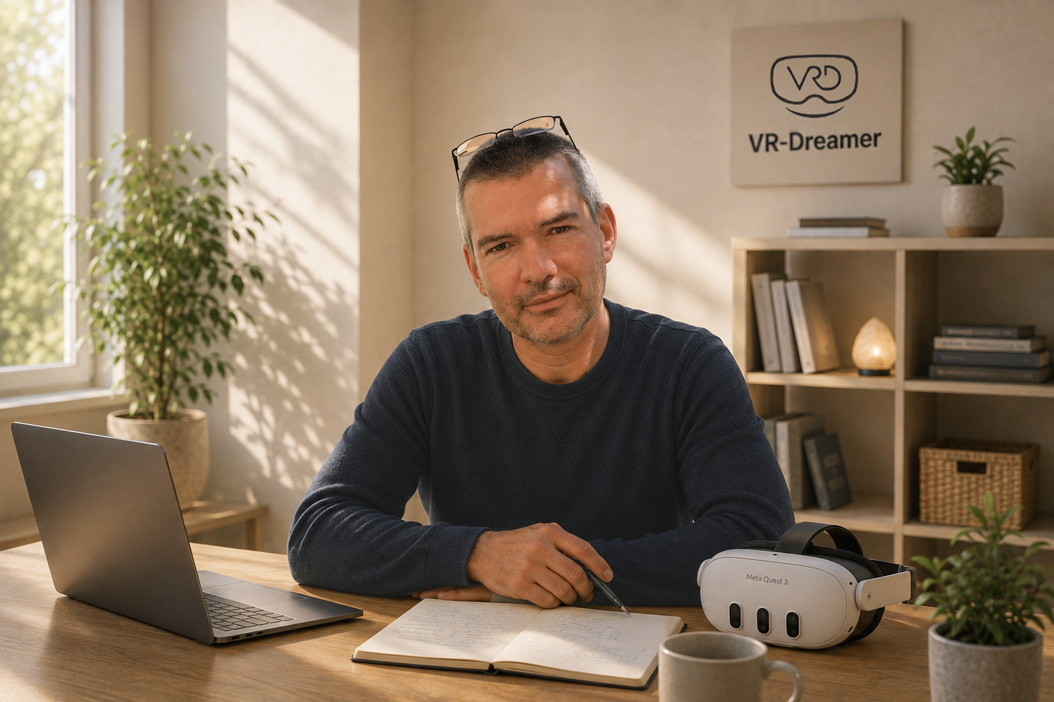 Marek Prochocky sitzt an seinem Schreibtisch mit Laptop, Notizbuch und einem VR-Headset, im Hintergrund ein VR-Dreamer-Schild an der Wand.